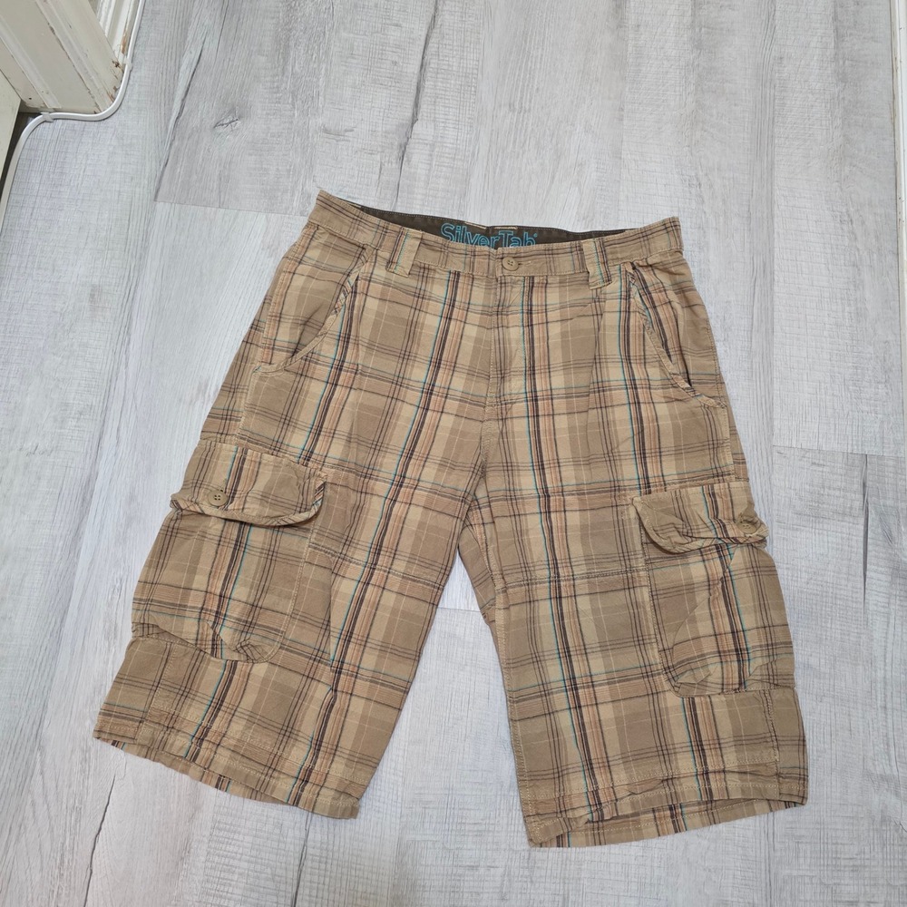Levi's SilverTab Plaid Cargo Shorts Men's 33 Tan Brown Teal Cotton Relaxed Fit